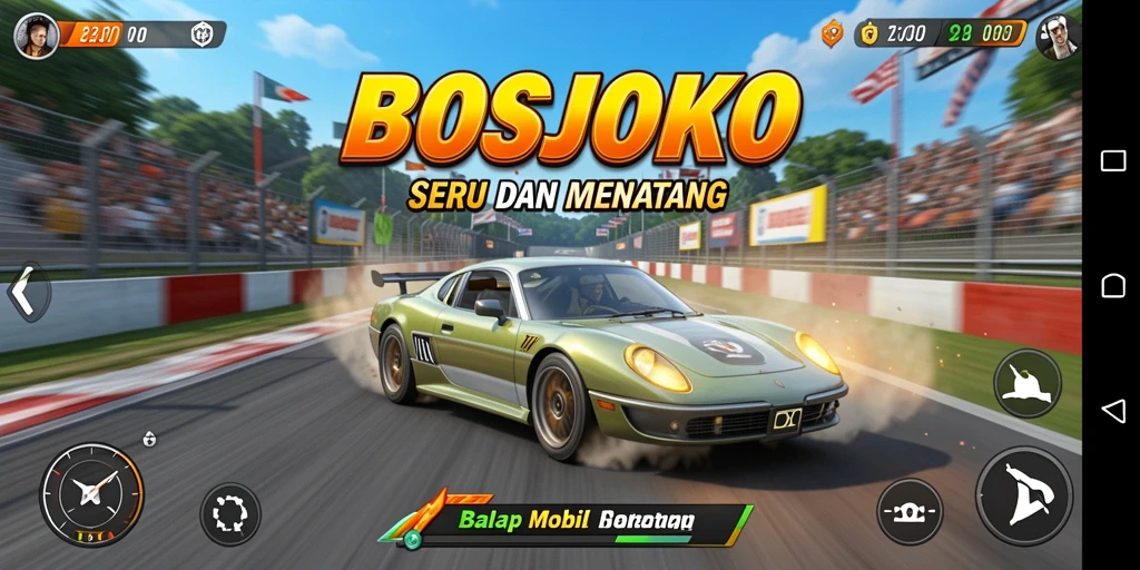 Screenshot menunjukkan aksi balap yang mendebarkan dalam BOSJOKO.