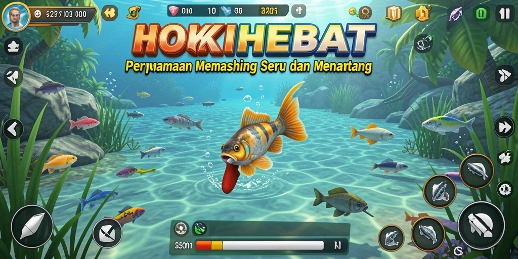 Tampilan gameplay HOKIHEBAT menunjukkan momen seru saat memancing.