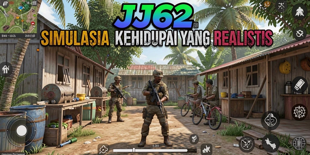 Screenshot gameplay JJ62 menunjukkan karakter berinteraksi dalam dunia simulasi yang hidup.