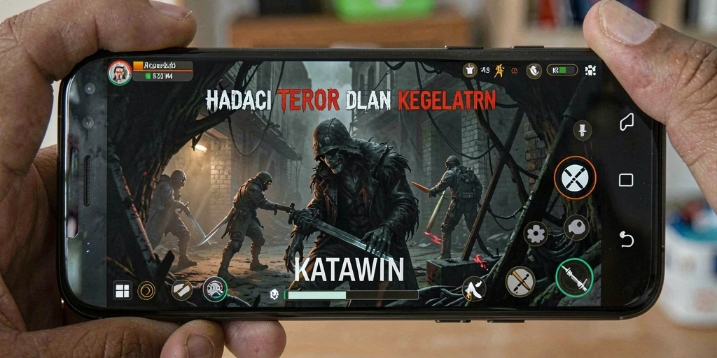 Tampilan gameplay KATAWIN yang penuh ketegangan di lingkungan gelap.