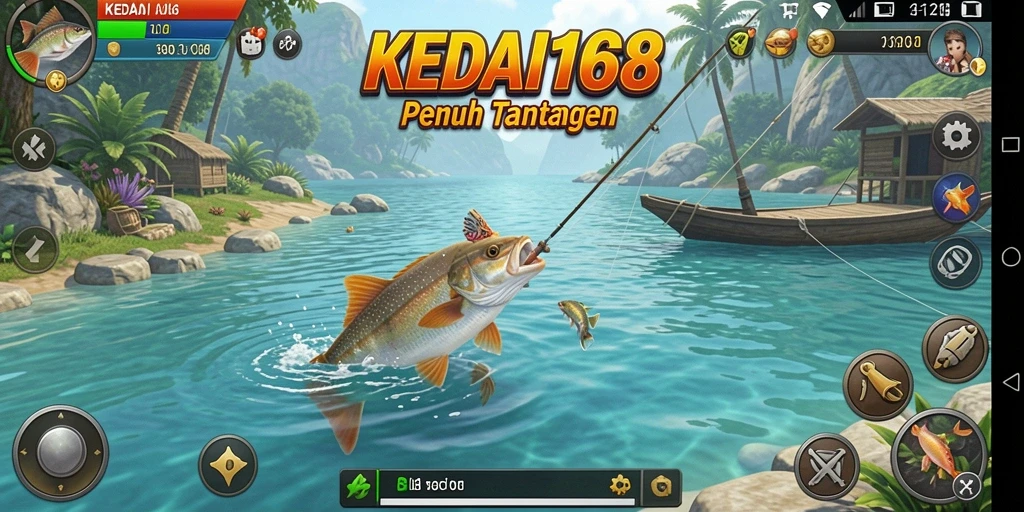 Screenshot permainan KEDAI168 menampilkan momen memancing seru di danau yang indah.