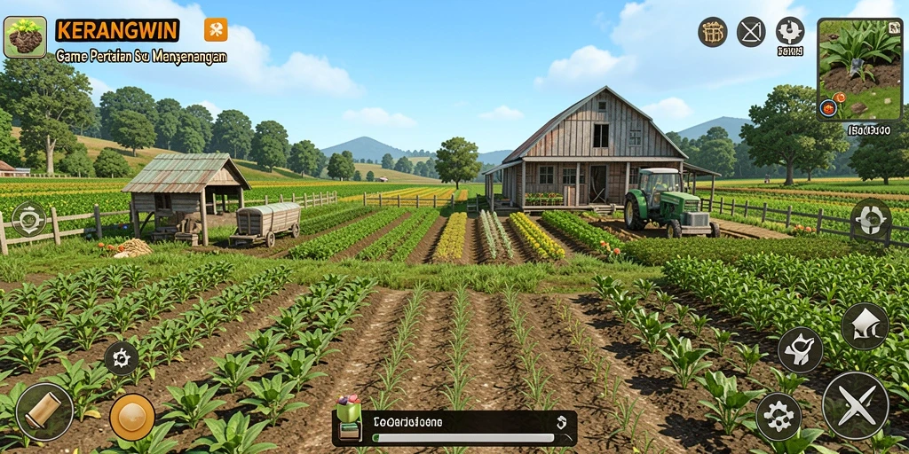 Tampilan gameplay KERANGWIN dengan ladang subur dan panen melimpah.