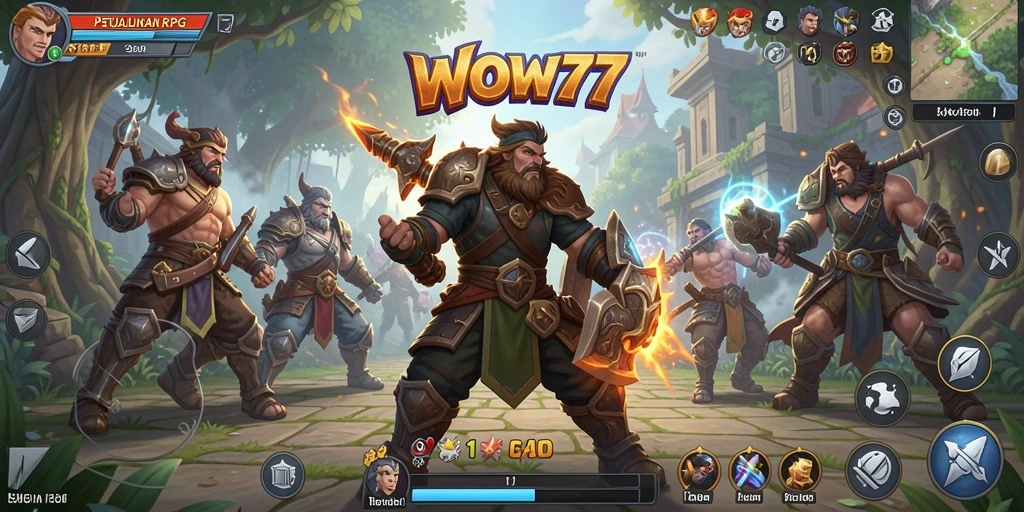 Screenshot utama WOW77 menampilkan aksi pertarungan seru di dunia fantasi.
